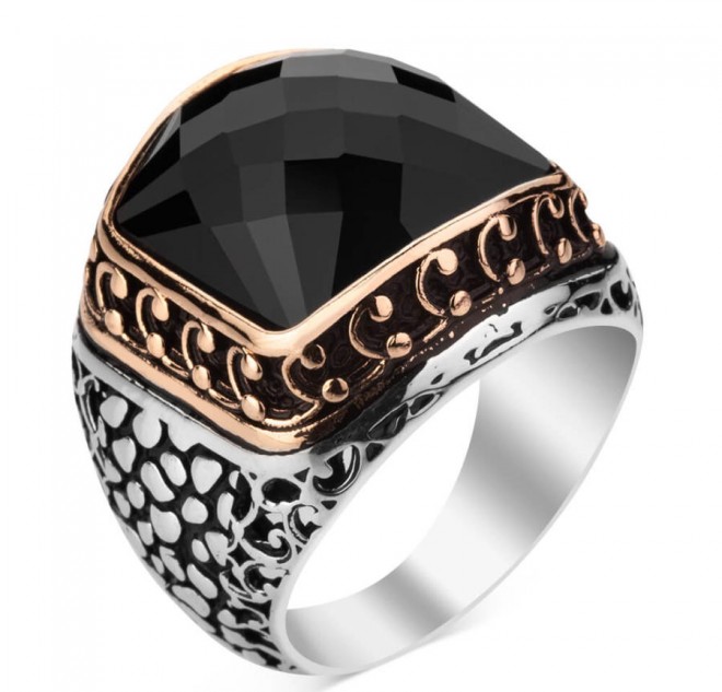 925 Ayar Gümüş Zirkon Siyah Taşlı İşlemeli Erkek Yüzük