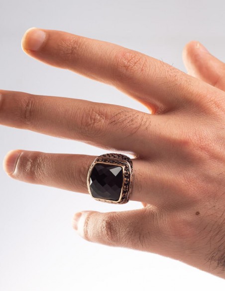 925 Ayar Gümüş Zirkon Siyah Taşlı İşlemeli Erkek Yüzük