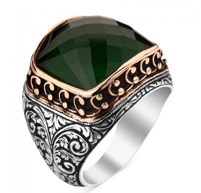 925 Ayar Gümüş Zirkon Yeşil Taşlı İşlemeli Erkek Yüzük