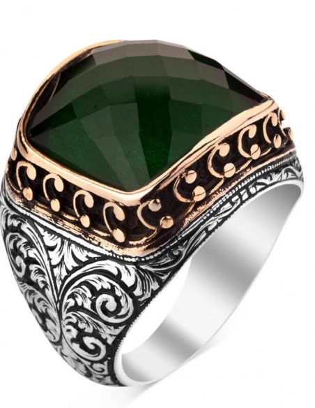 925 Ayar Gümüş Zirkon Yeşil Taşlı İşlemeli Erkek Yüzük