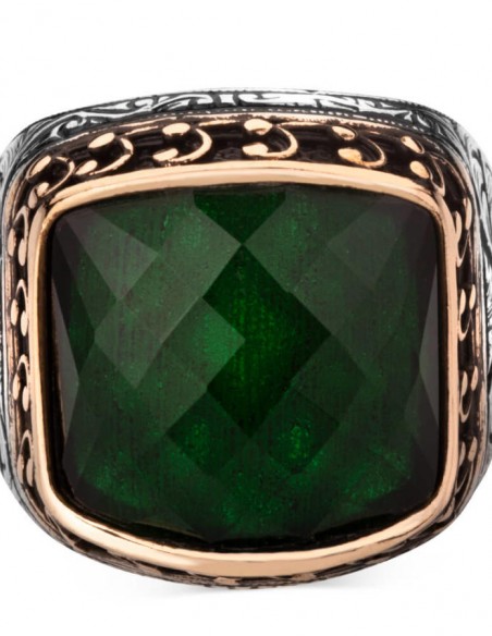 925 Ayar Gümüş Zirkon Yeşil Taşlı İşlemeli Erkek Yüzük