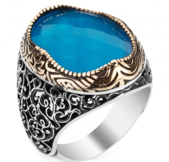 Açık Mavi Zirkon Taşlı Süslemeli Gümüş Erkek Yüzük