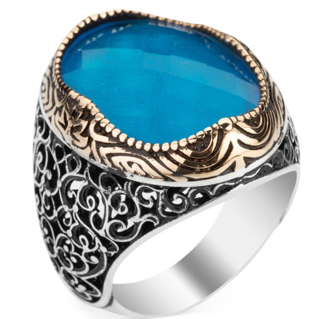 Açık Mavi Zirkon Taşlı Süslemeli Gümüş Erkek Yüzük