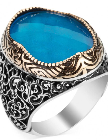 Açık Mavi Zirkon Taşlı Süslemeli Gümüş Erkek Yüzük