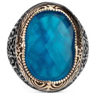 Açık Mavi Zirkon Taşlı Süslemeli Gümüş Erkek Yüzük 2