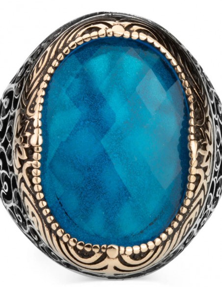 Açık Mavi Zirkon Taşlı Süslemeli Gümüş Erkek Yüzük