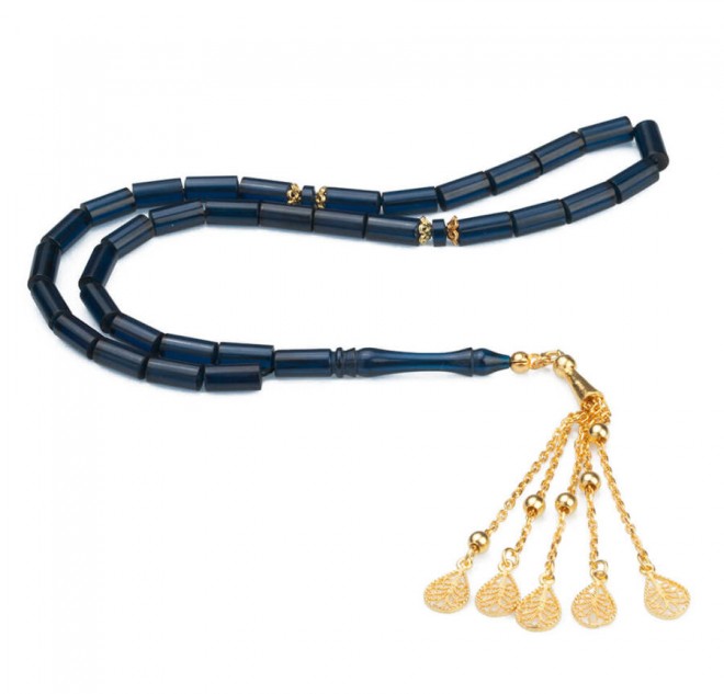 Altın Kaplama Sarı Püsküllü Lacivert Taneli Kesme Sıkma Kehribar Tesbih