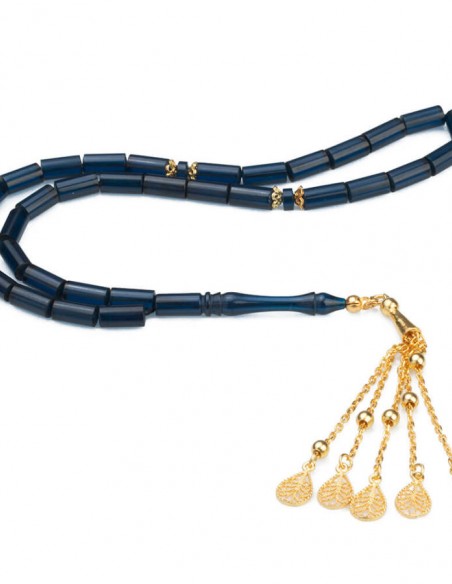 Altın Kaplama Sarı Püsküllü Lacivert Taneli Kesme Sıkma Kehribar Tesbih