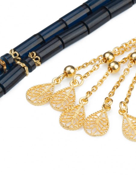 Altın Kaplama Sarı Püsküllü Lacivert Taneli Kesme Sıkma Kehribar Tesbih