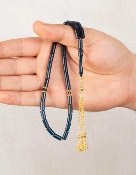 Altın Kaplama Sarı Püsküllü Lacivert Taneli Kesme Sıkma Kehribar Tesbih