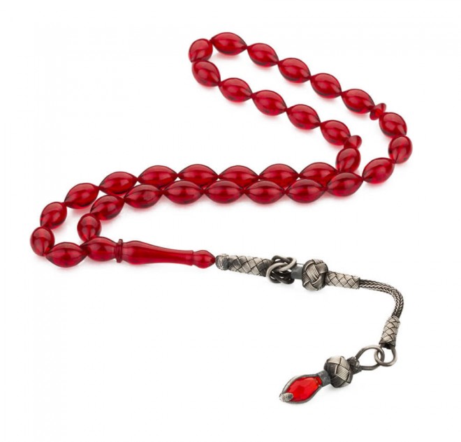 Arpa Kesim Kazaz Püskül Kırmızı Sıkma Kehribar Tesbih