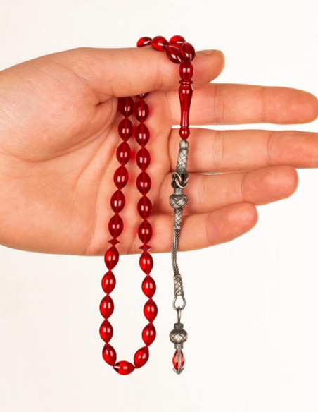 Arpa Kesim Kazaz Püskül Kırmızı Sıkma Kehribar Tesbih