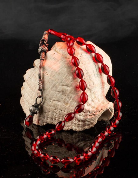 Arpa Kesim Kazaz Püskül Kırmızı Sıkma Kehribar Tesbih