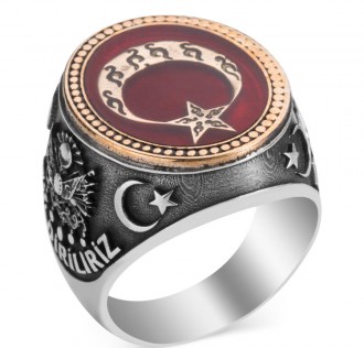 Ay Yıldız Motifli Bir Ölür Bin Diriliriz Yüzüğü