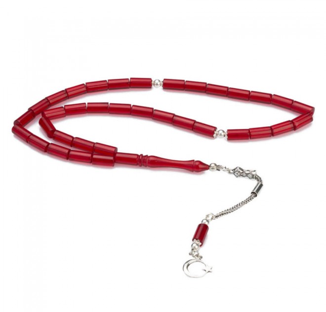 Ay Yıldız Püskül Sıkma Kehribar Kırmızı Kesme Tesbih