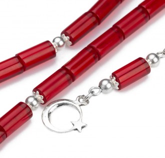 Ay Yıldız Püskül Sıkma Kehribar Kırmızı Kesme Tesbih 2