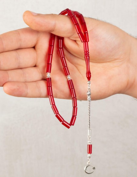 Ay Yıldız Püskül Sıkma Kehribar Kırmızı Kesme Tesbih