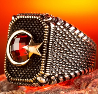 Ay Yıldız Zirkon Taşlı Gümüş Erkek Yüzüğü