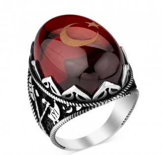 Balta Figürlü Kırmızı Taşlı Ay Yıldızlı Gümüş Erkek Yüzük