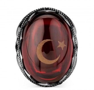 Balta Figürlü Kırmızı Taşlı Ay Yıldızlı Gümüş Erkek Yüzük 2