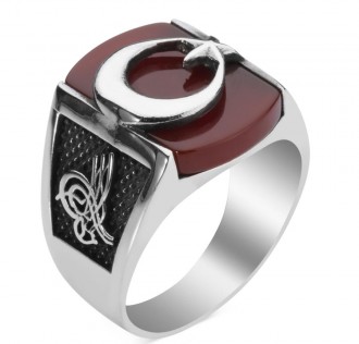 Bordo Akik Taşı Ay Yıldızlı Gümüş Erkek Yüzük