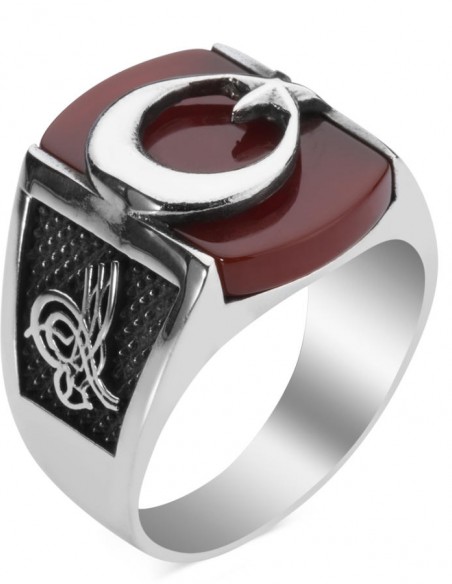 Bordo Akik Taşı Ay Yıldızlı Gümüş Erkek Yüzük