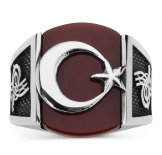 Bordo Akik Taşı Ay Yıldızlı Gümüş Erkek Yüzük 2