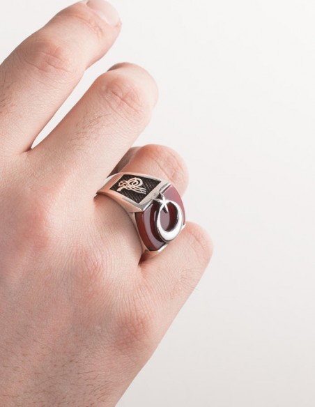 Bordo Akik Taşı Ay Yıldızlı Gümüş Erkek Yüzük
