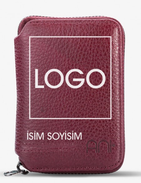 Bordo Renk Fermuarlı İsme Özel Kartlık Cüzdan