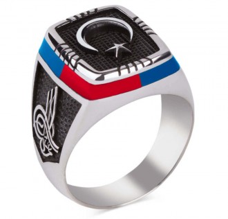 Bordo-Mavi İşlemeli Ay Yıldızlı Gümüş Erkek Yüzük