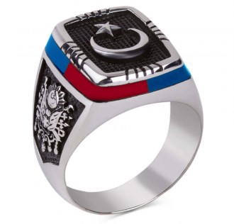 Bordo-Mavi İşlemeli Ay Yıldızlı Gümüş Erkek Yüzük 2