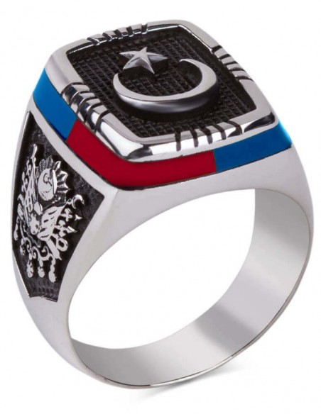 Bordo-Mavi İşlemeli Ay Yıldızlı Gümüş Erkek Yüzük