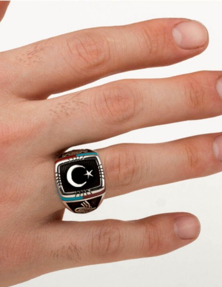 Bordo-Mavi İşlemeli Ay Yıldızlı Gümüş Erkek Yüzük