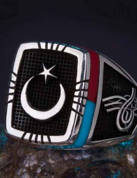 Bordo-Mavi İşlemeli Ay Yıldızlı Gümüş Erkek Yüzük