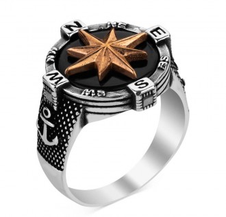 Çapalı Pusula Tasarımlı Gümüş Erkek Yüzük