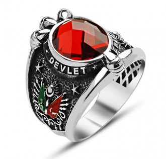 Devlet-Ebed-Müddet Yazılı Kartal Pençeli Kırmızı Zirkon Taşlı Gümüş Yüzük