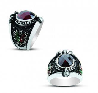 Devlet-Ebed-Müddet Yazılı Kartal Pençeli Kırmızı Zirkon Taşlı Gümüş Yüzük 2