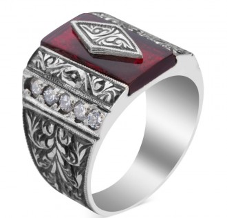 El İşçiliği Kırmızı Ateş Kehribarı Gümüş Yüzük