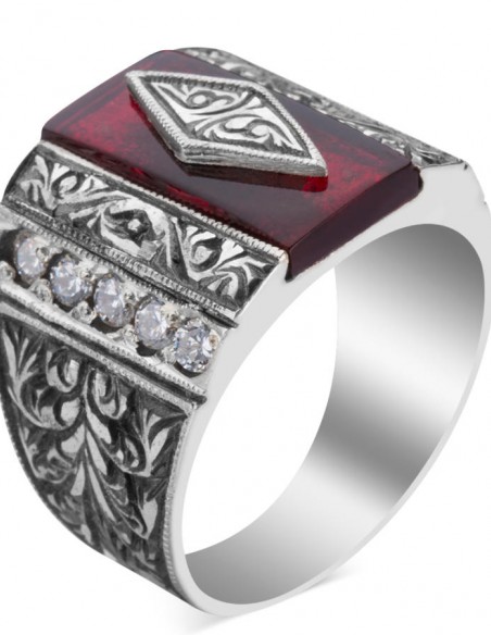 El İşçiliği Kırmızı Ateş Kehribarı Gümüş Yüzük