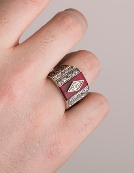 El İşçiliği Kırmızı Ateş Kehribarı Gümüş Yüzük