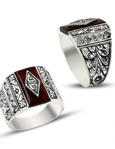 El İşçiliği Kırmızı Ateş Kehribarı Gümüş Yüzük