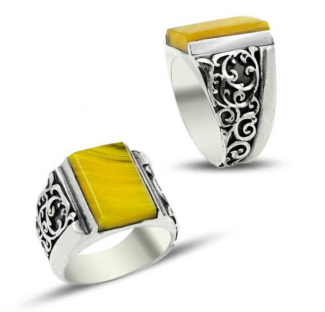 El İşçiliği Sıkma Kehribar Taşlı Gümüş Yüzük