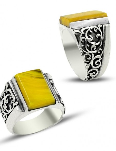 El İşçiliği Sıkma Kehribar Taşlı Gümüş Yüzük