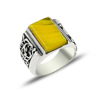 El İşçiliği Sıkma Kehribar Taşlı Gümüş Yüzük 2