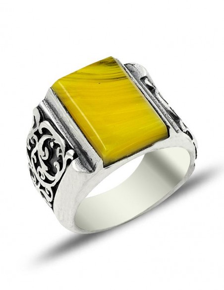 El İşçiliği Sıkma Kehribar Taşlı Gümüş Yüzük