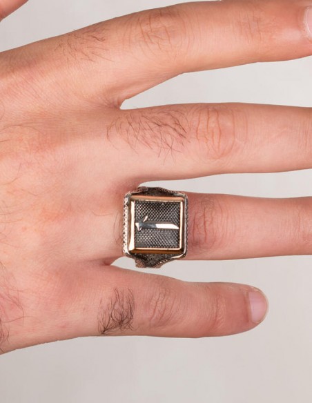 Elif Motifli Kare Tasarım Erkek Gümüş Yüzüğü