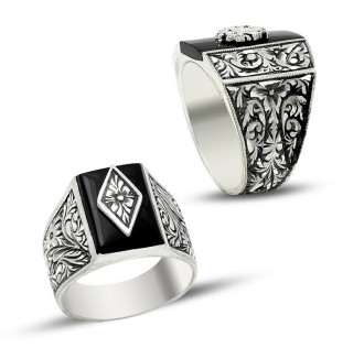 Erzurum El İşçiliği Gümüş Siyah Taşlı Yüzük 2