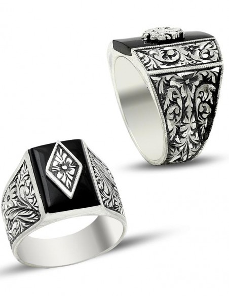 Erzurum El İşçiliği Gümüş Siyah Taşlı Yüzük