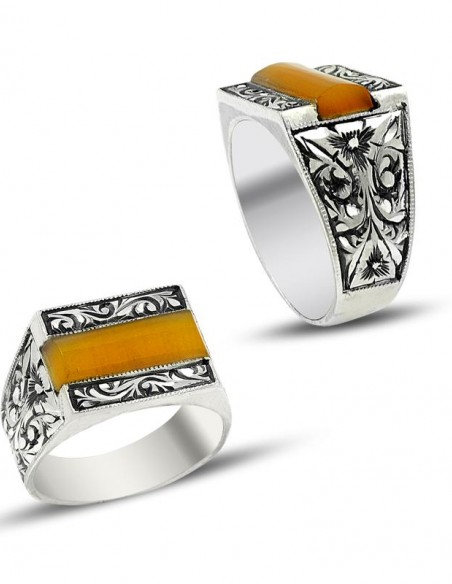 Erzurum El İşçiliği Sıkma Kehribar Gümüş Yüzük