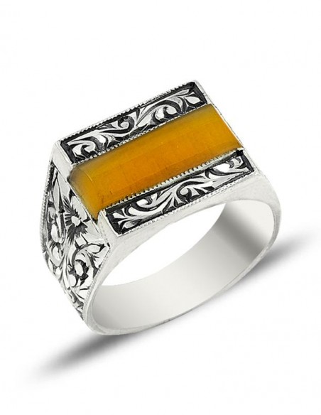 Erzurum El İşçiliği Sıkma Kehribar Gümüş Yüzük